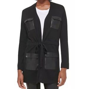 Calvin Klein Women's Black Faux Leather Pocket Cardigan S